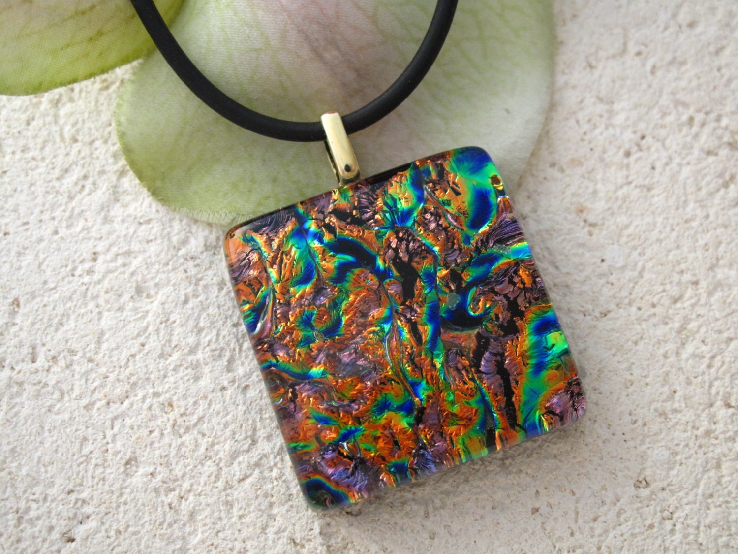 Golden Copper Necklace - Dichroic Jewelry - Golden Fused Glass- Fused Glass Jewelry - Fused Dichroic Glass Necklace 041013p107