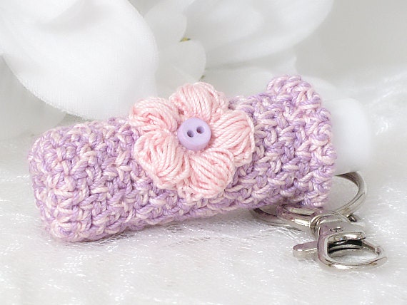 Crochet Lip Balm Holder, Thick ,Plush Key Chain Key Holder, Purple & Pink Key Chain with Crochet Pink Puff Flower.