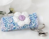 Lip Balm Key Chain Holder,  Lilac Purple & Blue Thick Plush Key Fob, with Crochet White Puff Flower