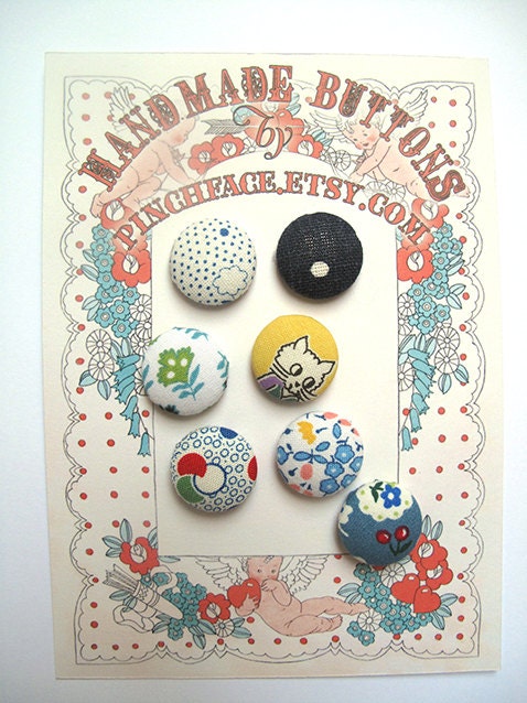 Fabric button set. Cat and Florals mix