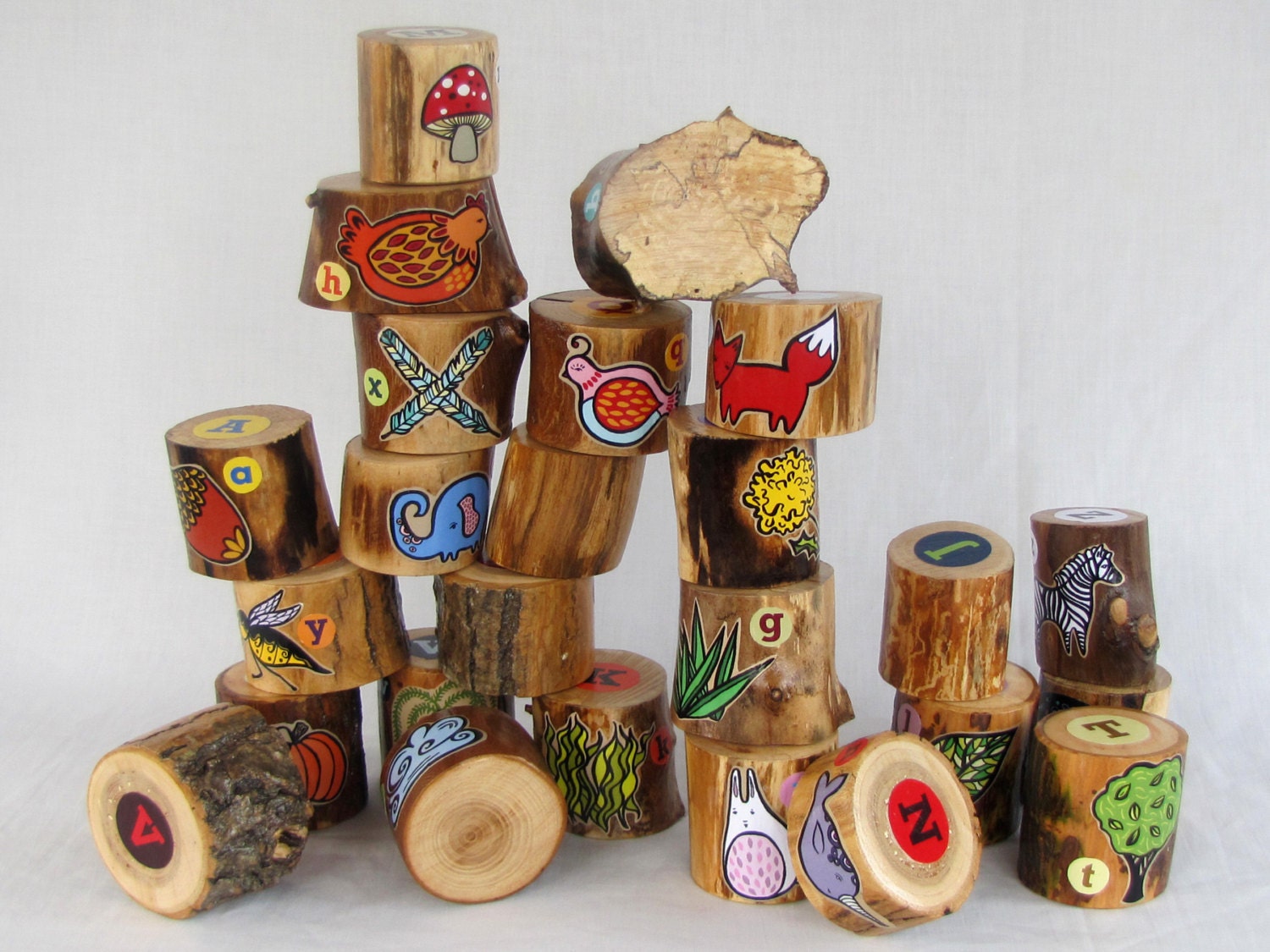 Woodland Alphabet Blocks - Set of 26 - Handmade - Printed Original Illustrations - OOAK
