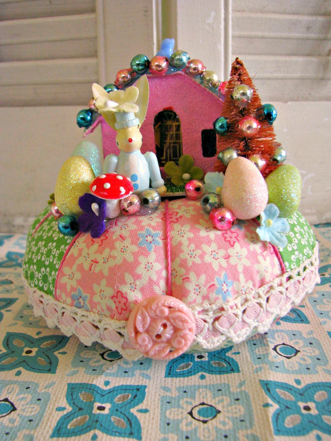 Vintage Easter Bunny and His Pink House Pin Cushion
