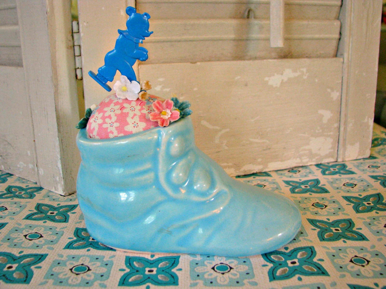 Vintage Skating Bear on Baby Shoe Pin Cushion