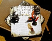 Urban Cityscape - Wood Coaster(s) - Wooden Drink Coaster set (4) Spring in the City - Red Winged Blackbird