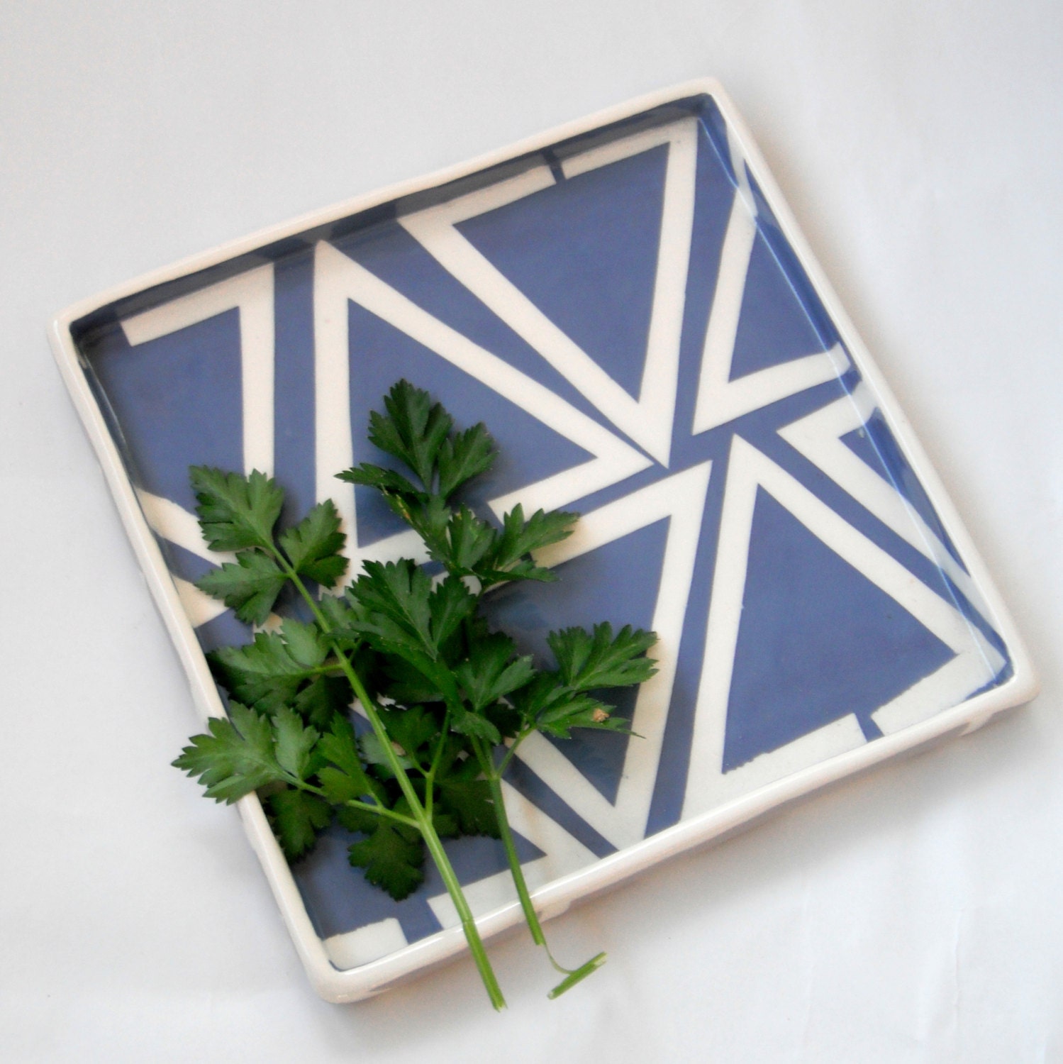 Ceramic serving tray Indigo triangles- ready to ship