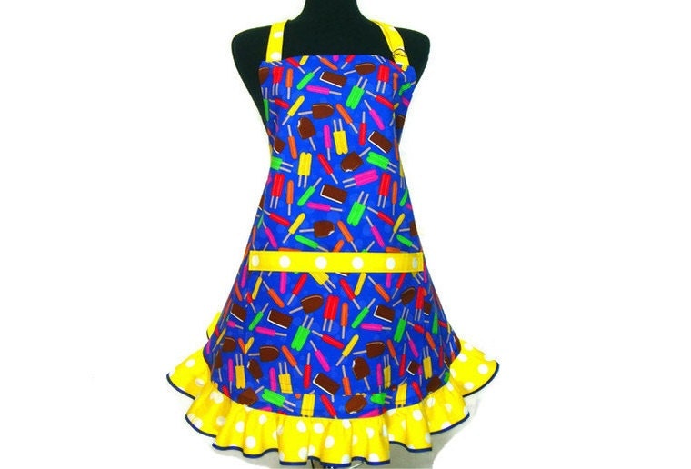Popsicles and Ice Cream, Retro Kitchen Apron , Blue with Yellow Polka Dot ruffle