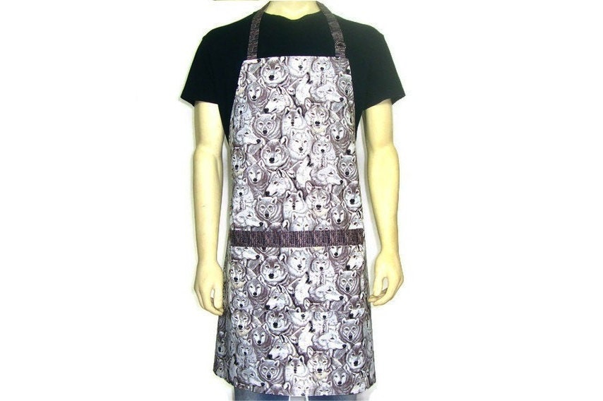 Kitchen Apron, Wolves of the Arctic, Black and White, Adjustable with Pocket