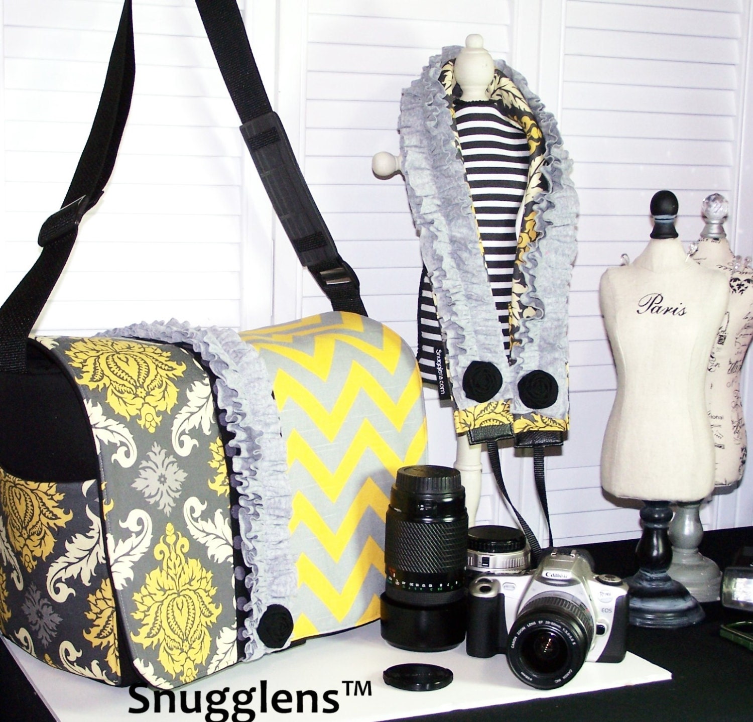 Dslr camera bag purse Large BOSS yellow gray chevron with damask ruffles and rosettes- INCLUDES camera strap-SNUGGLENS