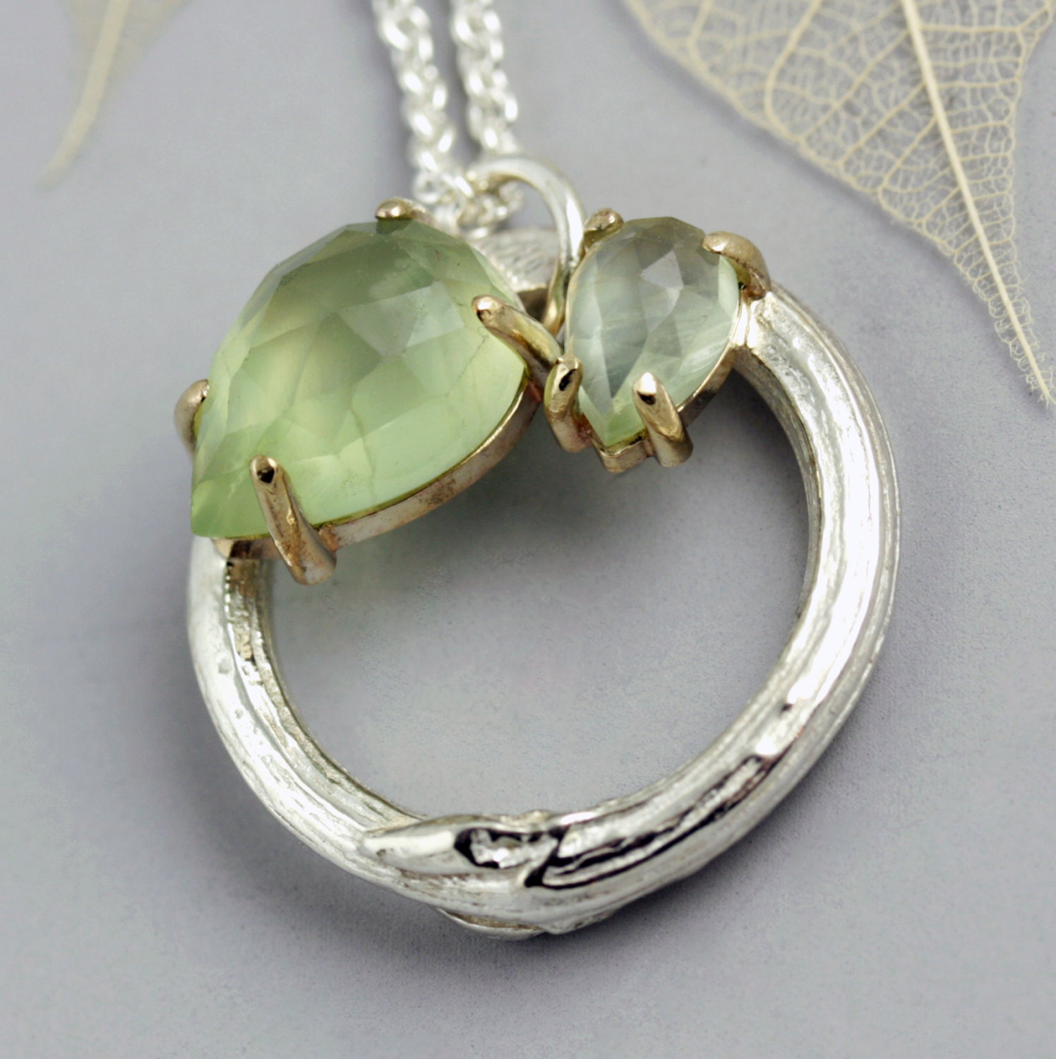 Twig Circle Pendant - Dogwood Branch - Faceted Prehnite - Pear Shaped Stone - 14k Gold - Rose Cut Green Prehnite Stone - Made to Order