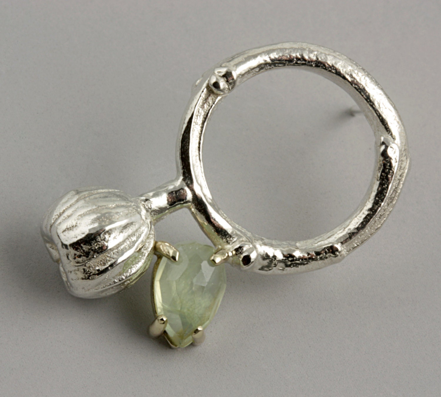 ON SALE - 50% OFF - Twig Earrings - Sterling Silver Circle Earrings - Prehnite Stone - Rose Cut - Anemone Flower Bud - Ready to Ship