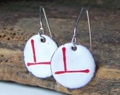 Etsy, Etsy Jewelry, Enamel Earrings, White and Red Stripe Enamel, Enamel on Copper, Copper Enamelled