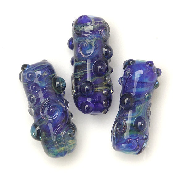 3 Blue Mini-Focals - Handmade Lampwork Glass Beads in Cobalt Blue with Silver (3) OOAK
