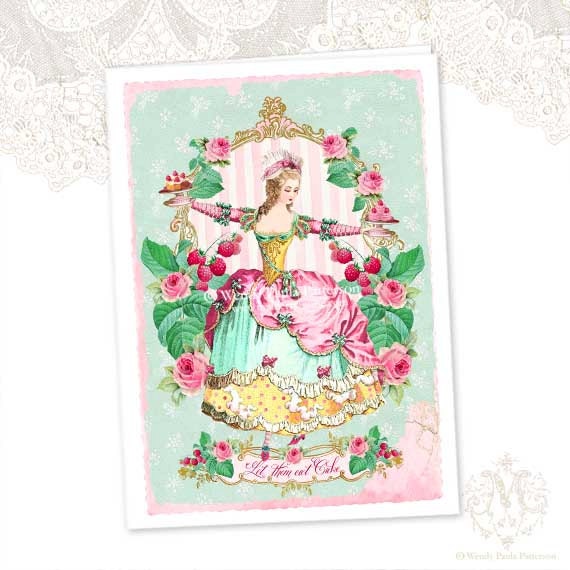 Marie Antoinette, Let Them Eat Cake, Greeting Card, French, Raspberries, Birthday, Pink Roses, Mint Green, High Tea