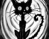 Print 8x10" - Black Cat 5 - Watercolor Ink Cats Animal Spooky Halloween Cute Creepy Pets Gothic Fantasy Stray Dogs Dark Art Horror