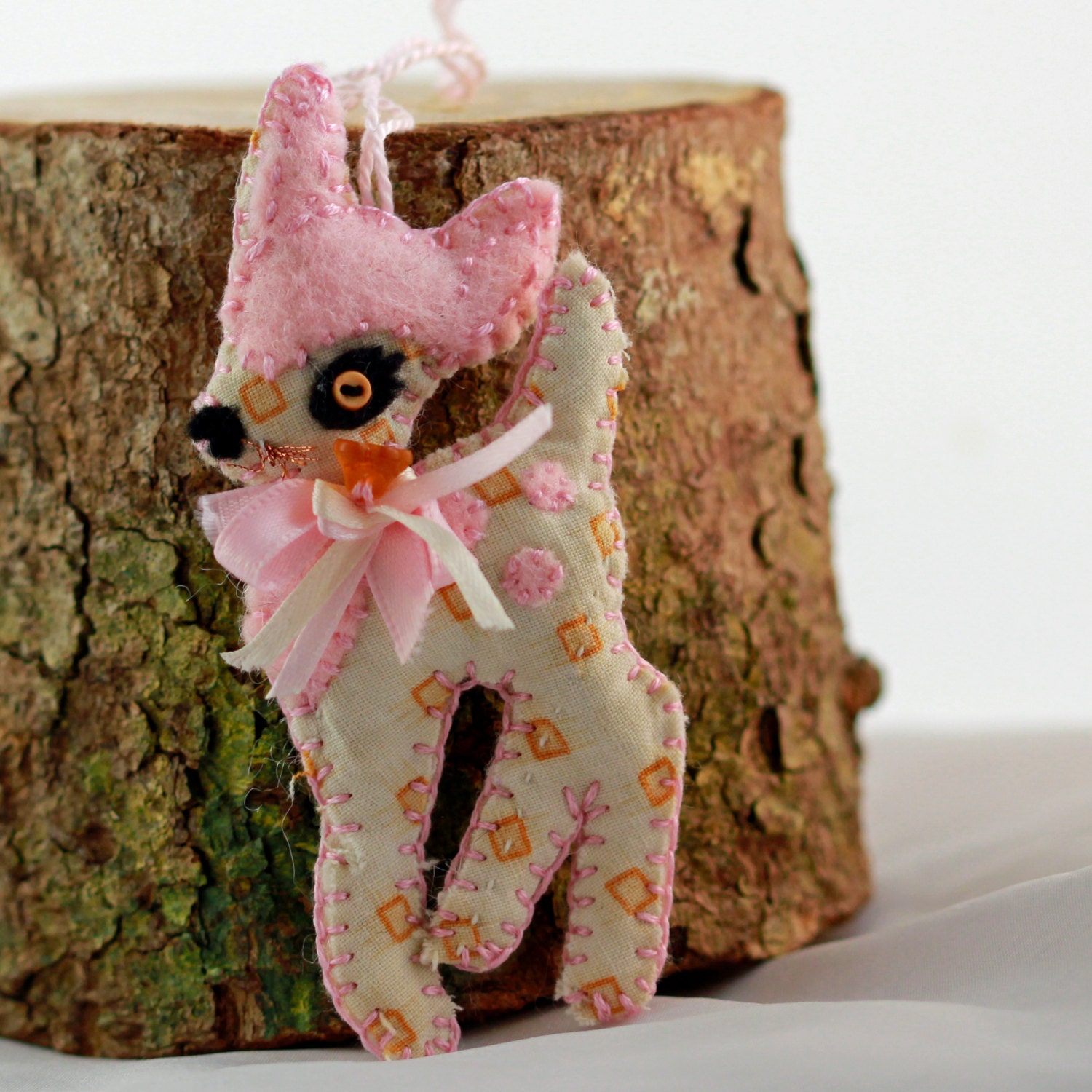 Tiny Sweet Pink, Beige, Topaz Baby Deer Quilty Critter - Dotted Fawn - Folk Art, Ornament, Soft Toy
