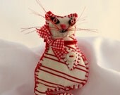Itty Bitty Kitty - Teensy Kitty Cat Quilty Critter Brooch - Lapel Pin, Red and White Striped Cat