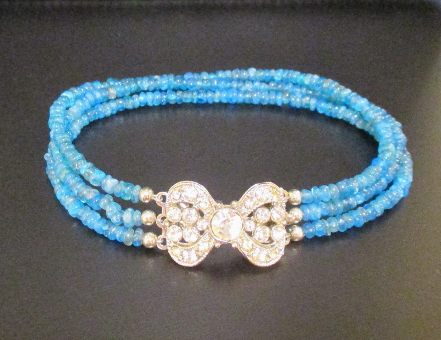 Neon Blue Apatite Triple Strand Vintage Clasp Bracelet