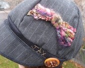Jax Hats made from an upcycled skirt in dark grey pinstripe with side bow of of color - first 3 hats in the photos