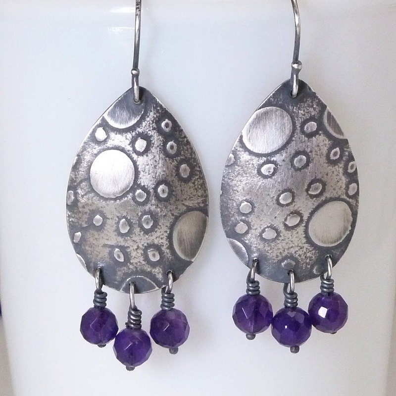 Handmade Amethyst Earrings Polka Dot Sterling Silver Gemstone Jewelry Metalwork Earrings