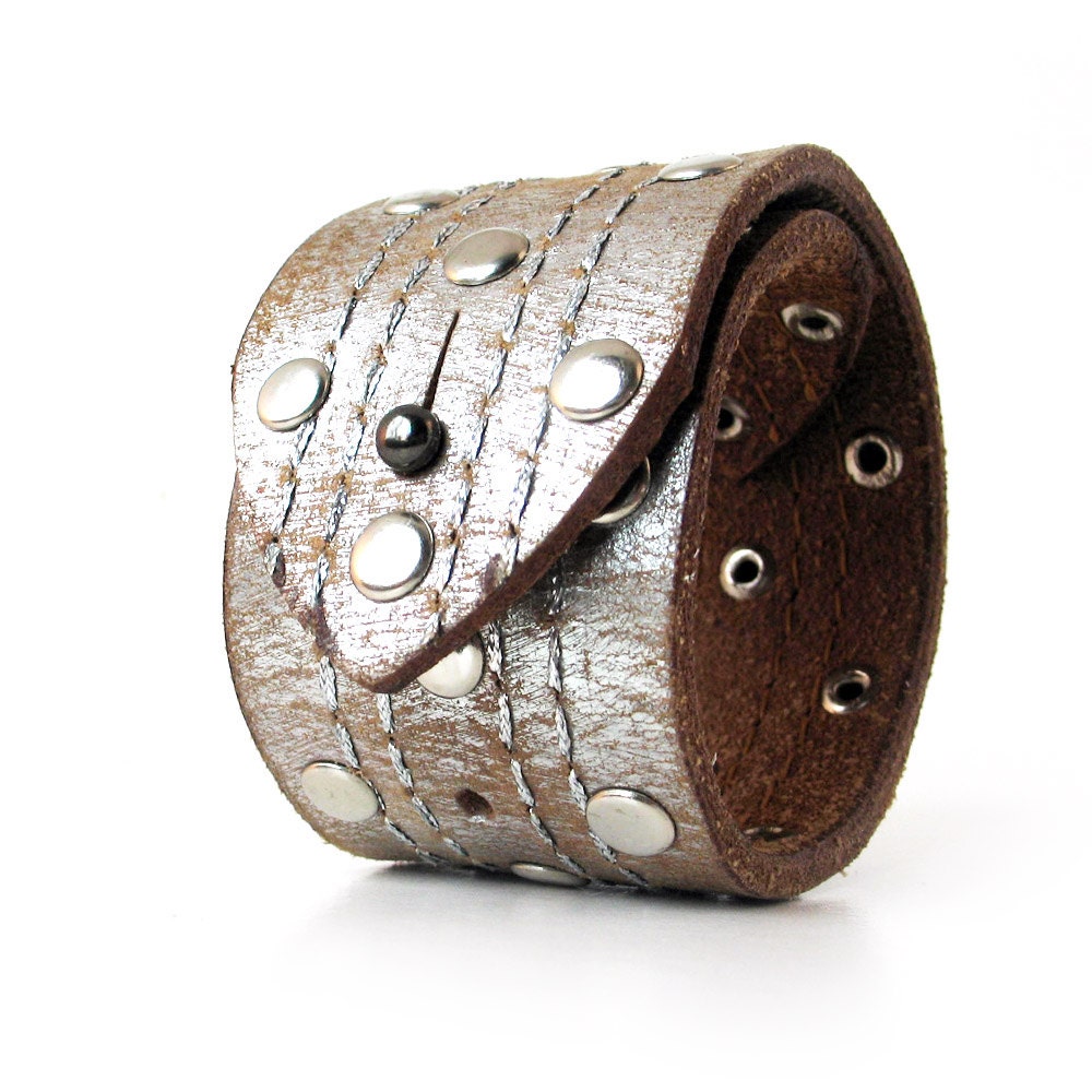 Rustic Silver Studded Leather Cuff Bracelet Wristband Adjustable Size, Eco Friendly, OOAK