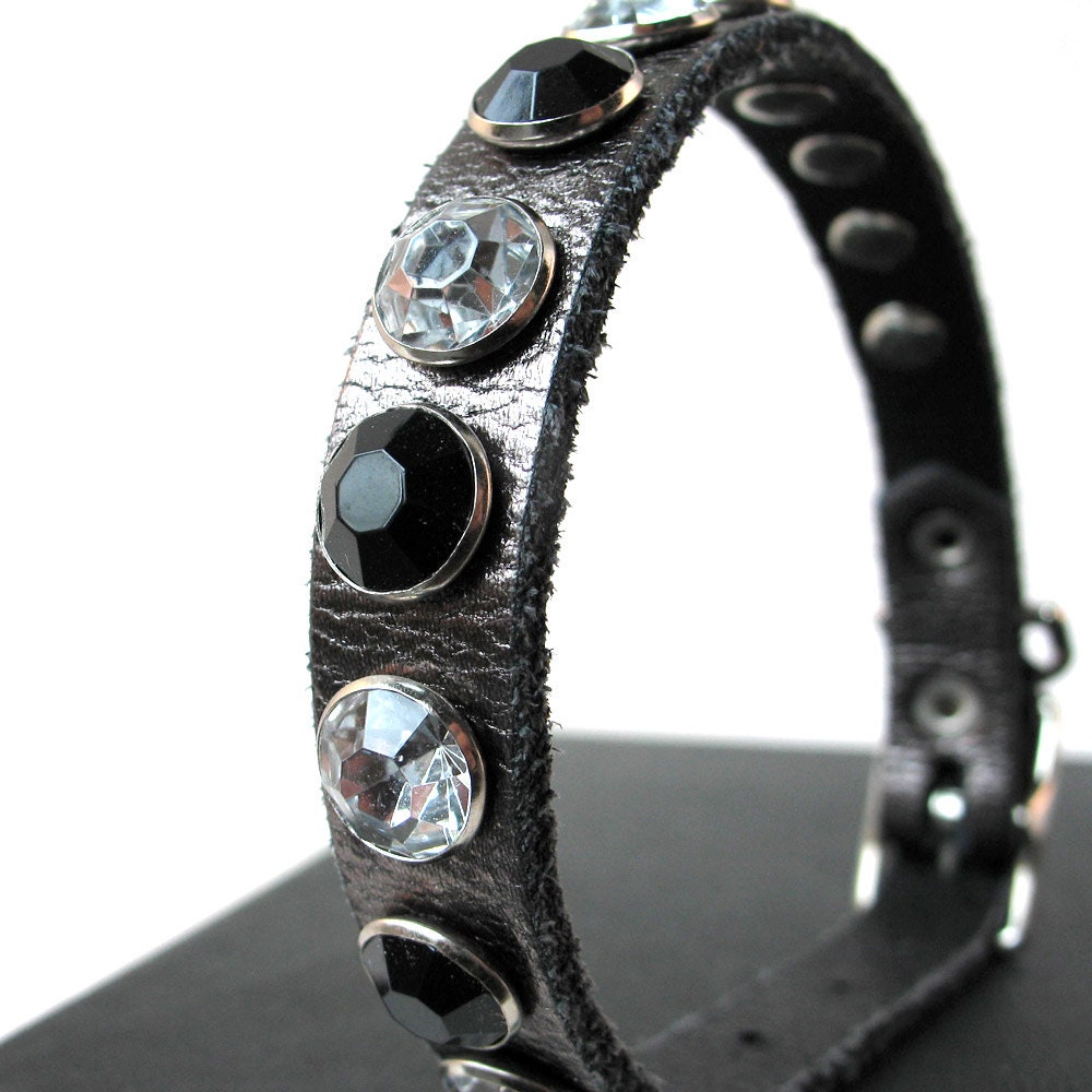 EcoLeather Dog Collar - Metallic Gunmetal Leather with Giant Rhinestones - Size XS/S - Small Dog - to fit a 8-11in Neck