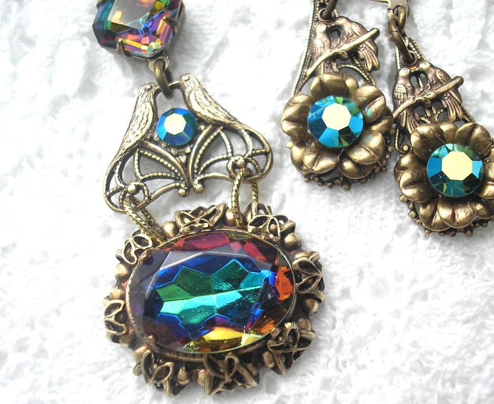 Spring Fling Pendant - Sapphire Vitrail Glass with Victorian Style Lovebirds