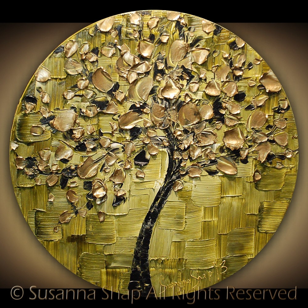 ORIGINAL Contemporary Ombre Olive Green Gold Tree Painting Abstract Textured Modern Art by Susanna
