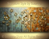 ORIGINAL Abstract Contemporary Heavy Texture Brown Grey Gold Flowers Painting Palette Knife Impasto Landscape by Susanna 48x24 Ready to Hang