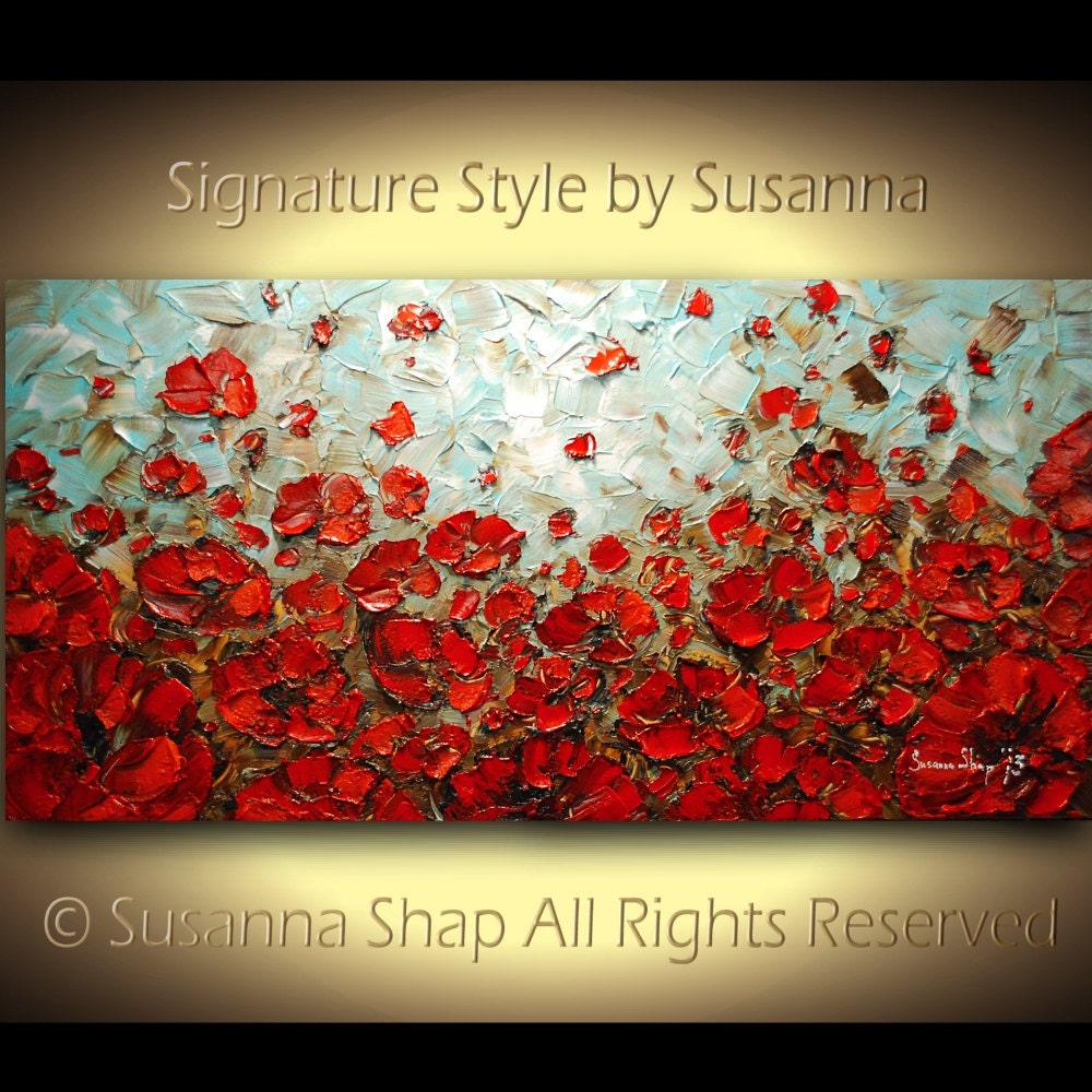 ORIGINAL Large Abstract Brown Blue Red Poppies Impasto Landscape Oil Painting by Susanna 48x24 Ready to Hang