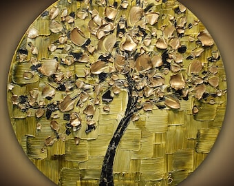 ORIGINAL Contemporary Ombre Olive Green Gold Tree Painting Abstract Textured Modern Art by Susanna