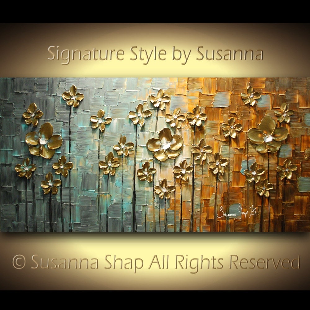 ORIGINAL Abstract Contemporary Heavy Texture Brown Grey Gold Flowers Painting Palette Knife Impasto Landscape by Susanna 48x24 Ready to Hang