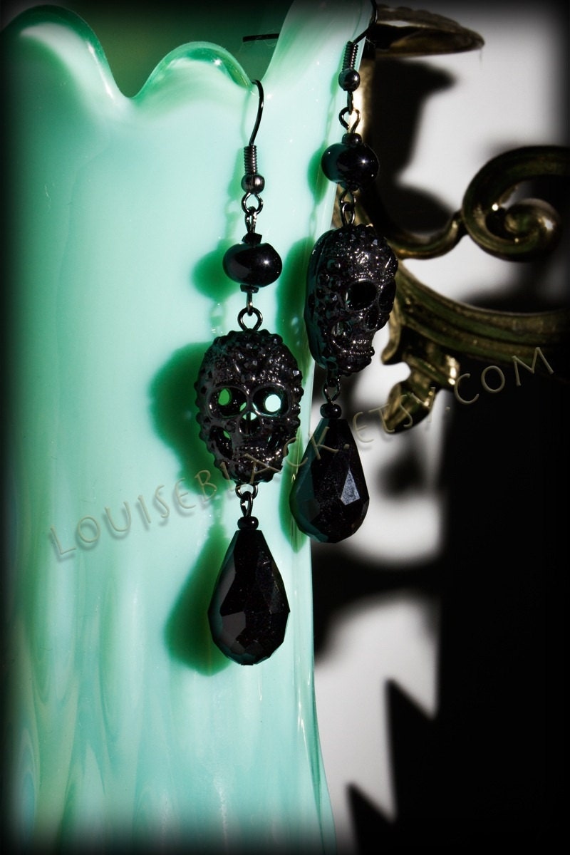 Macabre Noir Tiered Skull Drop Earrings by Louise Black
