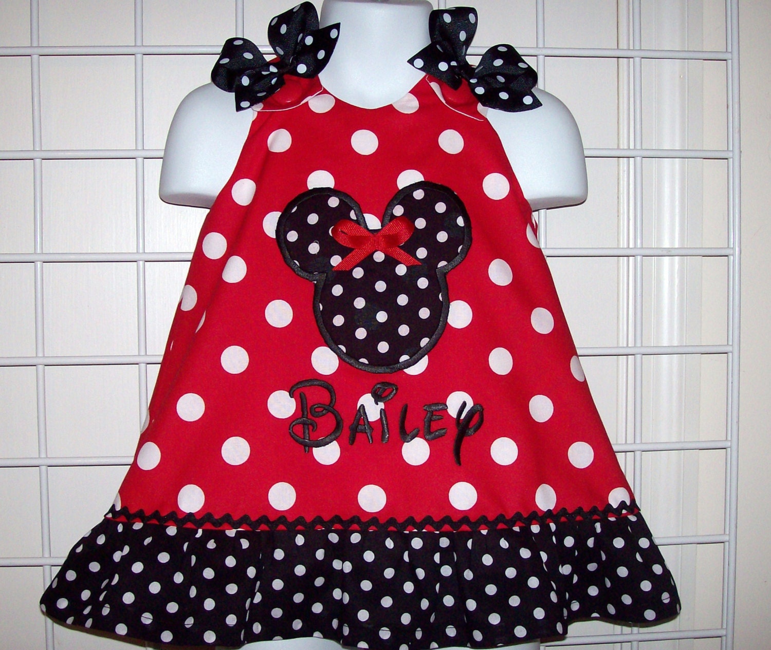 Red Dot Minnie Mouse Applique Monogram Dress with Black Dot Ruffle 3 mo 6 mo 9 mo 12 mo 18 mo 24 mo 2T 3T 4T 5T 6 6X