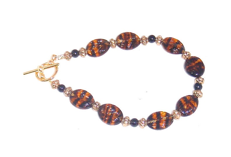 Black and Amber Brown Czech Glass Bracelet