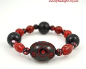 Red and Black Bracelet, Chunky Bracelet, Funky Chunky Jewelry, Red and Black Jewelry, Stretchy Bracelet, Glass Bead Bracelet, Handmade