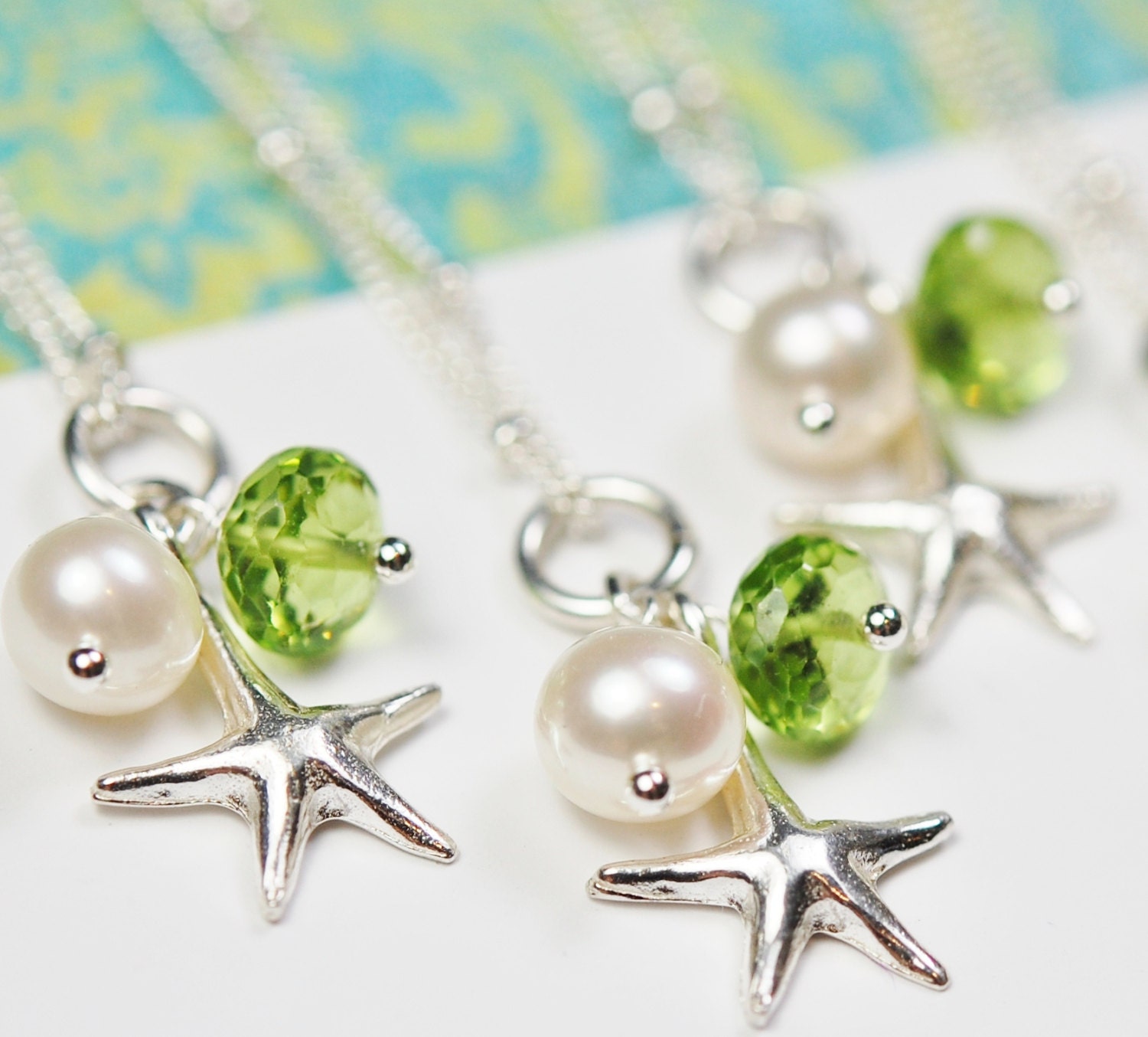 Bridesmaid Necklace, Starfish, Choose Your Gemstone, Sterling Silver, Peridot Shown, Pearl, Adjustable, Flower Girl Wedding