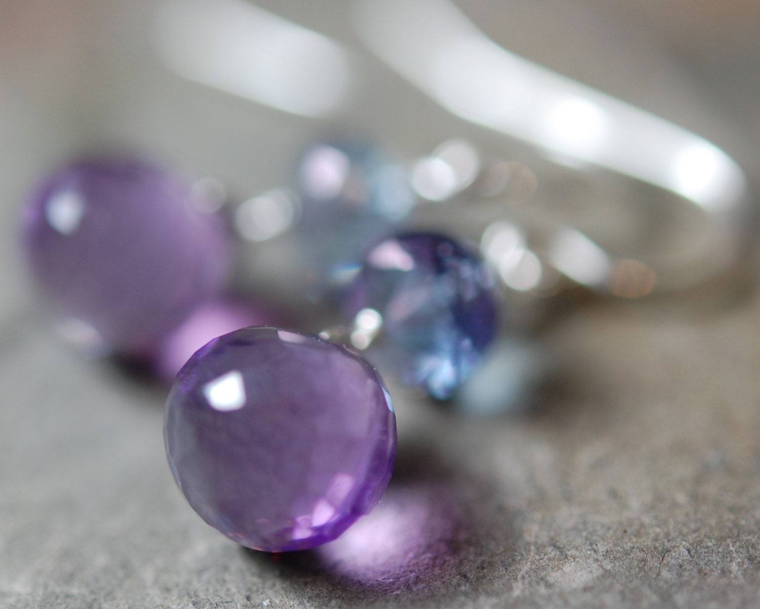 Purple Amethyst Blue Quartz Wire Wrapped Sterling Silver Gemstone Earrings, French Hooks