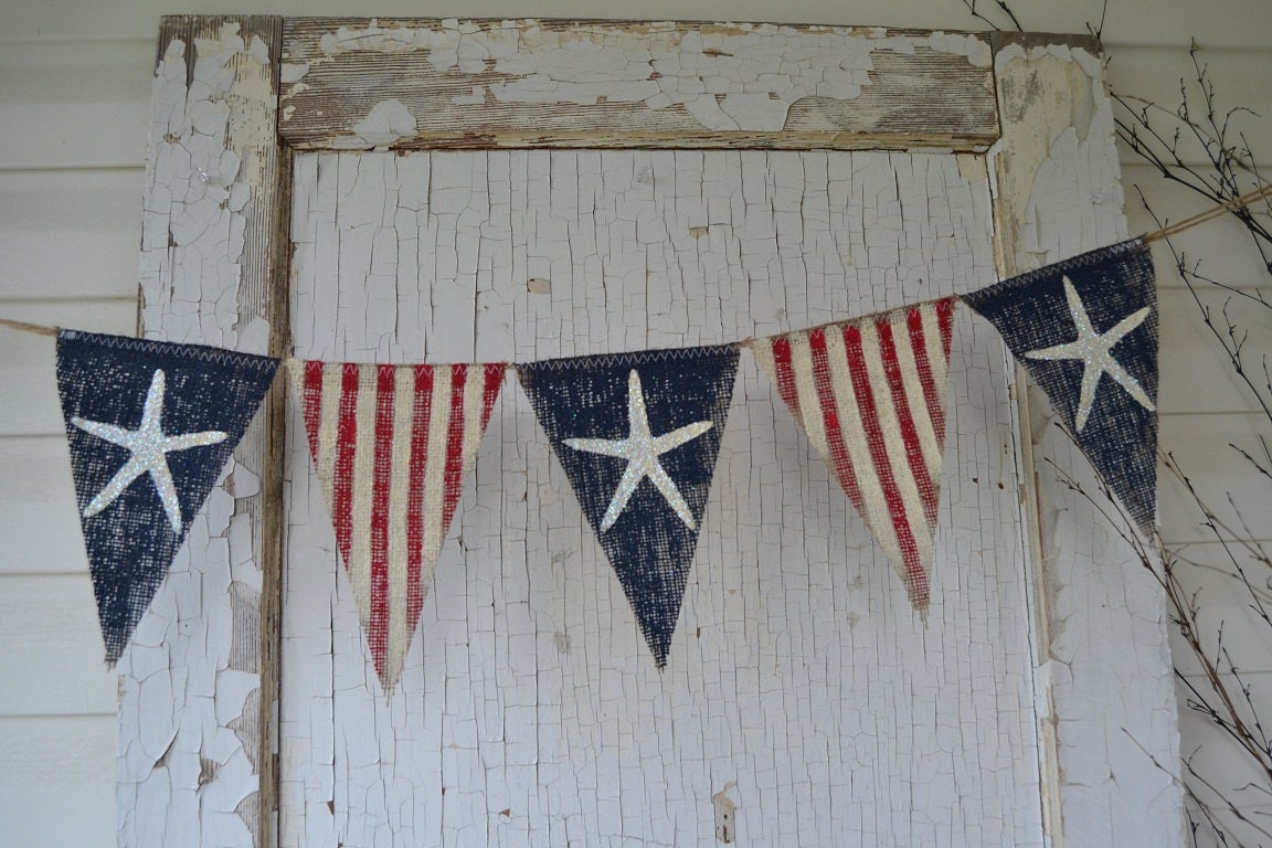 Size MED. Starfish Olde American Flag, Patriotic, July 4th, Old Glory, USA, Painted Burlap Banner, Flag, Bunting, Pennant