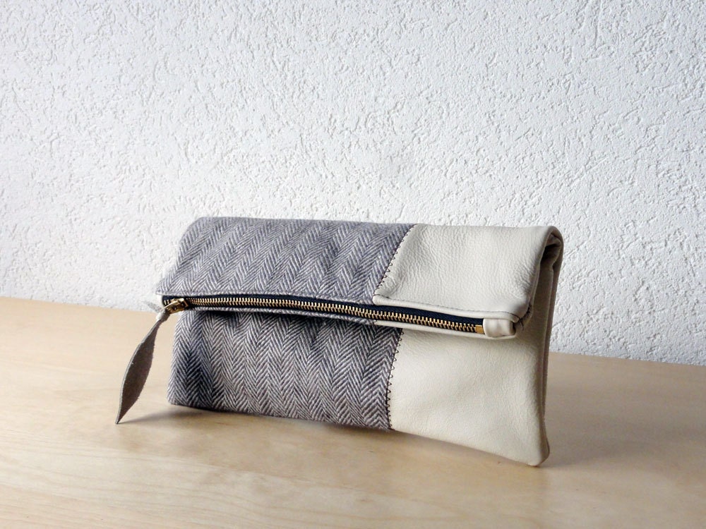 Leather Clutch in Vanilla Cream Cow Leather and European Washed Linen with Herringbone Pattern - Indie Patchwork Series