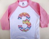 Rainbow Chevron Pink and White Chevron 1 Baseball Raglan Big Number Girls Birthday T Shirt first birthday 1st