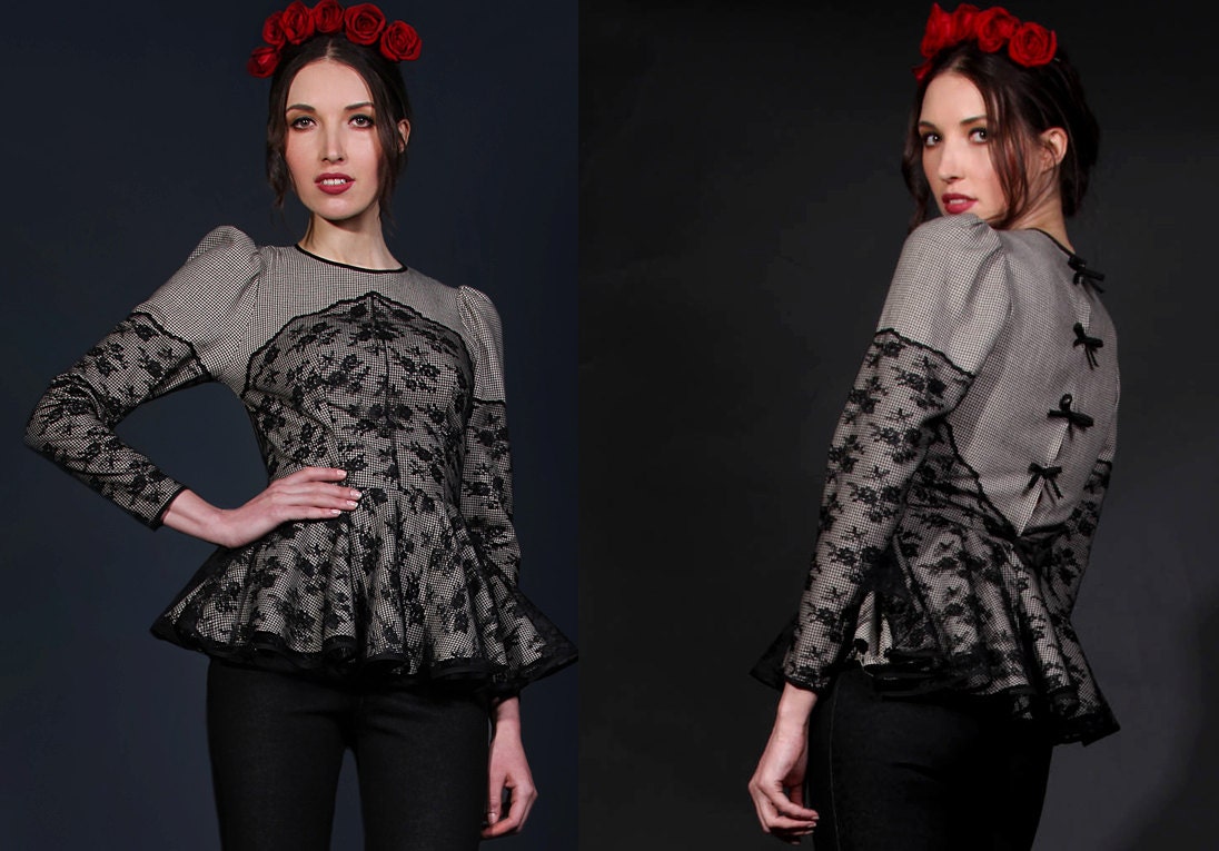 Gorgeous Wool Houdstooth Top with Lace overlay Reserved for saysay313