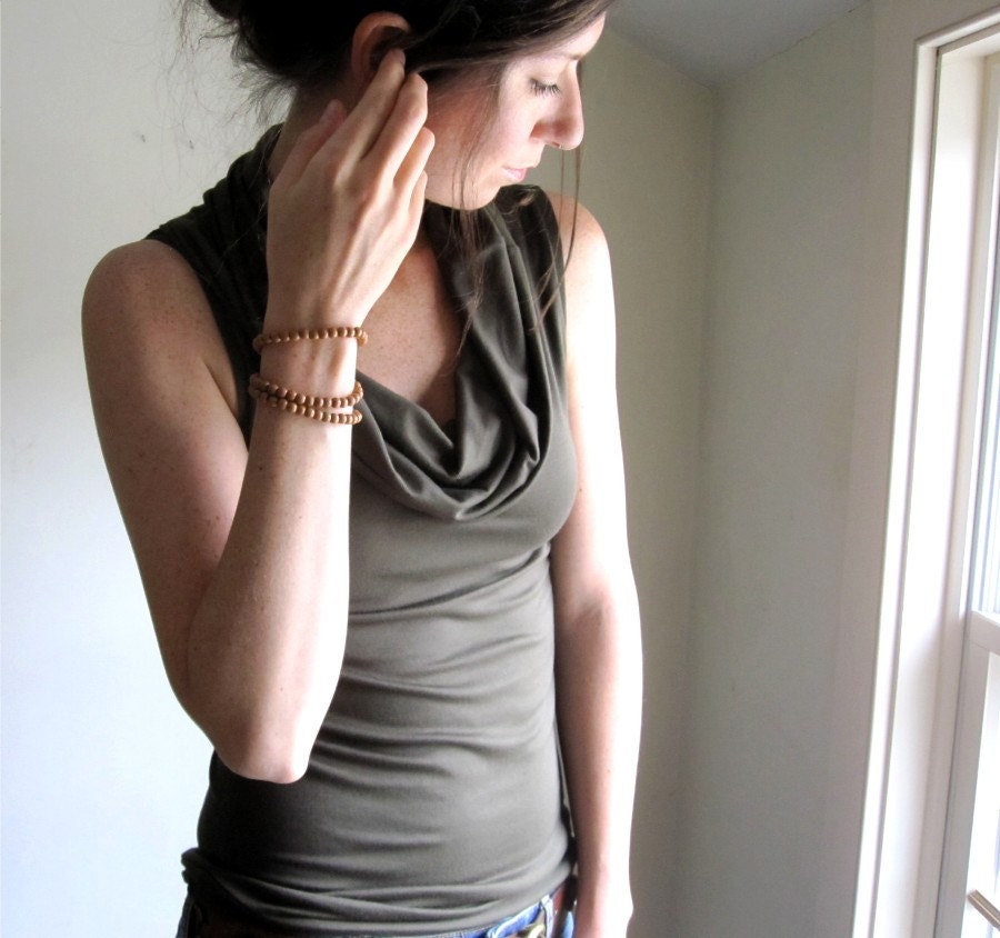 Deep Olive Green Cowl Tank - Tshirt - Blouse - Women's Top - Made to Order
