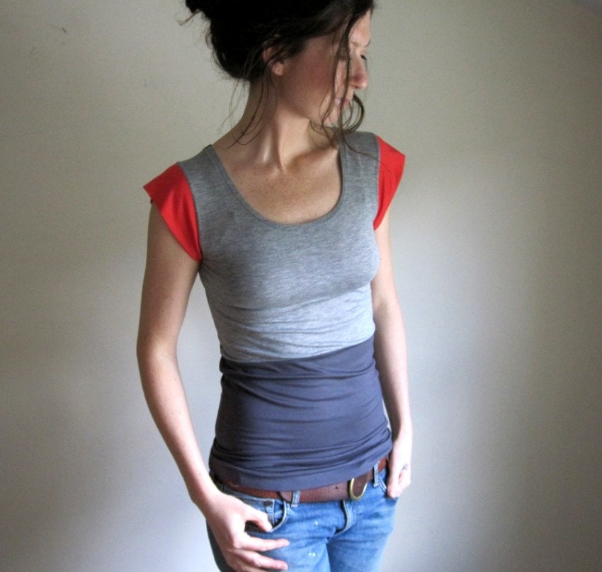 Slate, Heather and Poppy Color Block Tee / Blouse / Womens Top / Made to Order
