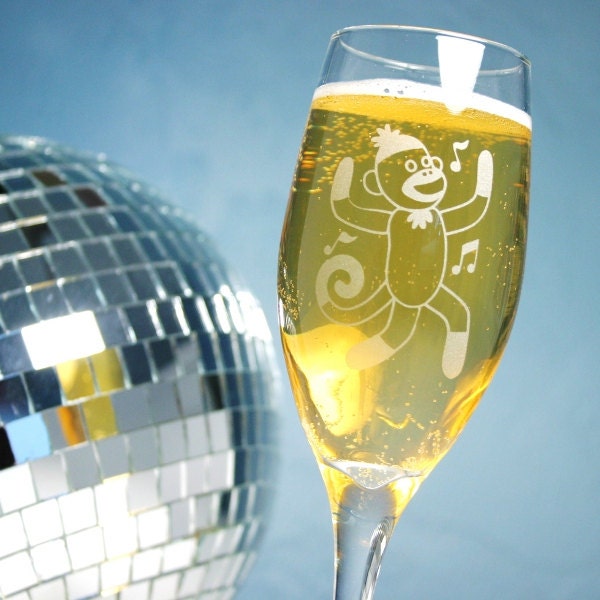 Sock Monkey Champagne Flute - etched Mother's Day or wedding glassware
