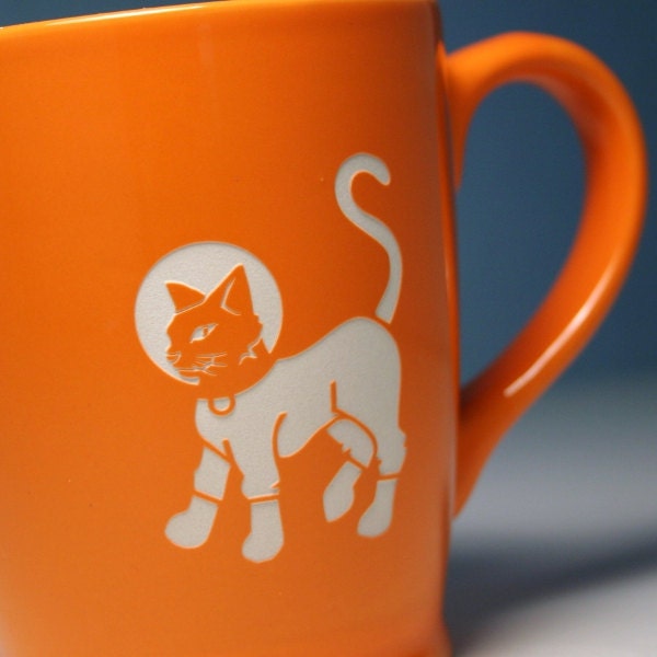 Astronaut Cat Mug - Tangerine Orange - large ceramic space coffee cup