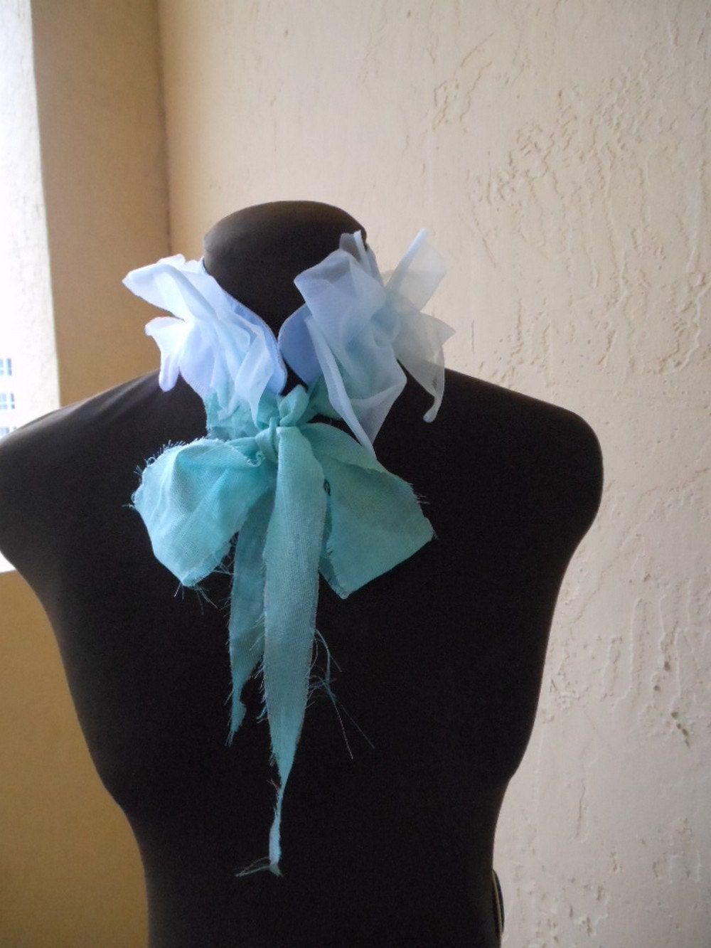 Romantic Collar Shabby Tie Victorian Fabric Choker Bridal Accessories Something Blue Necklace Handmade Ruffled Jewelry  French Country Chic