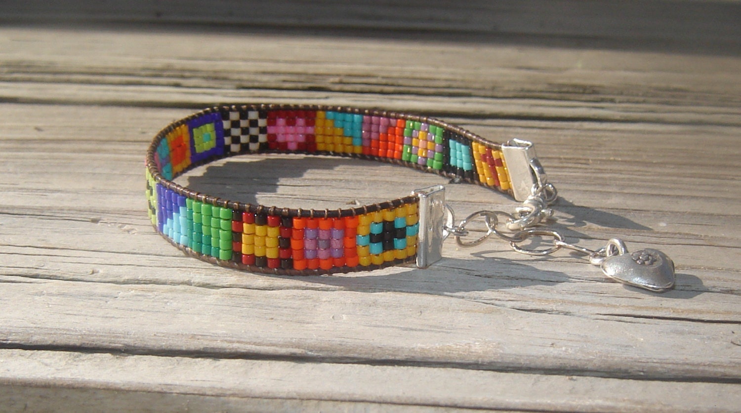 Bright and Colorful  Tribal- esque Native Style Leather Wrap Loom Bracelet