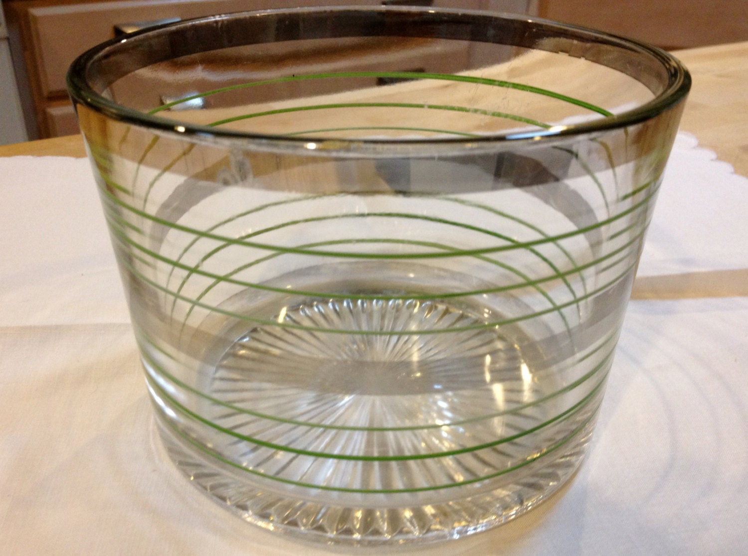 Gorgeous Vintage Glass Bowl With Green Stripes