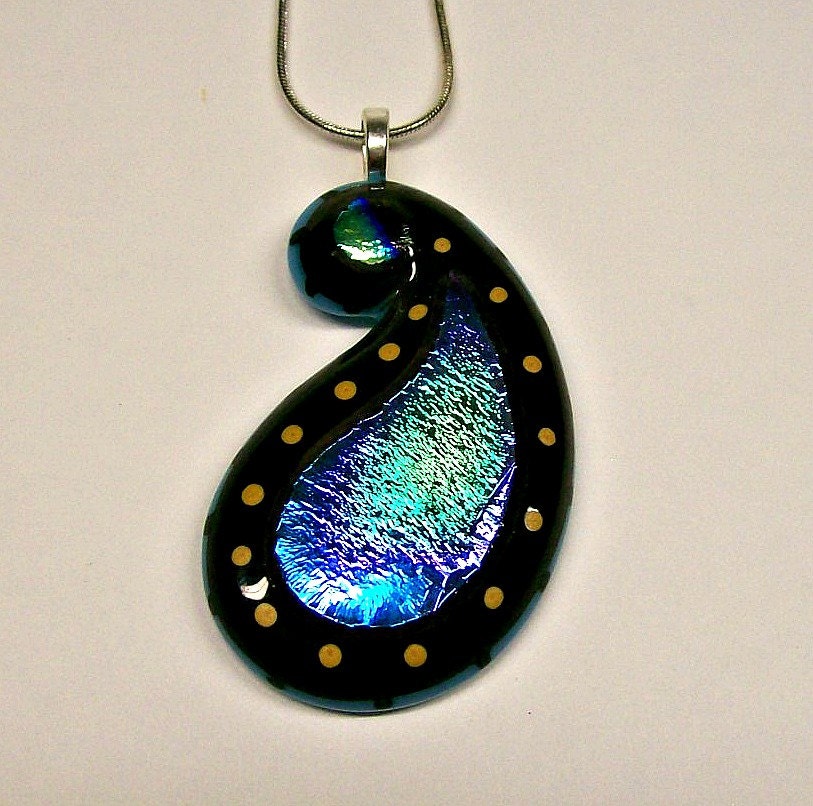 Aqua Blue Fused Glass Dirchroic Pendant (Paisley)