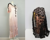 1920s Cotton Club silk pink & black lace flapper dress w/ deco headdress -M